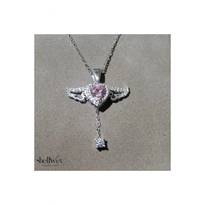 Angelight 925 ayar gümüş melek kanatlı pembe taş kalpli kadın kolye ort.