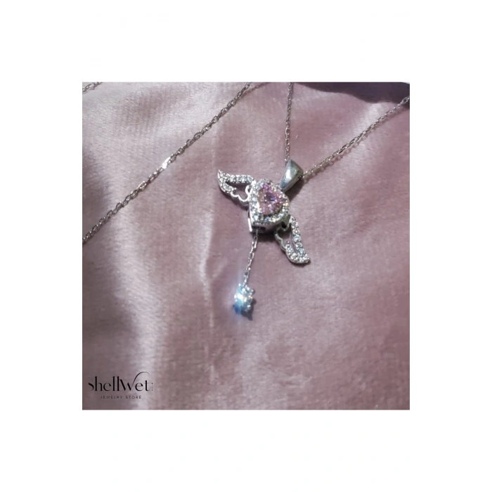 Angelight 925 ayar gümüş melek kanatlı pembe taş kalpli kadın kolye ort.