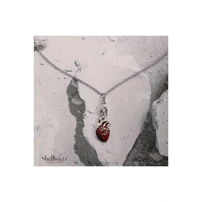 Unisex Kolye RubiCore Unisex Kolye Gotik Kırmızı Kalp 925 Ayar Gümüş Zincir