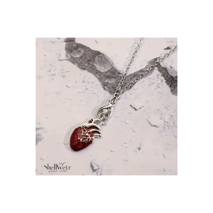 Unisex Kolye RubiCore Unisex Kolye Gotik Kırmızı Kalp 925 Ayar Gümüş Zincir