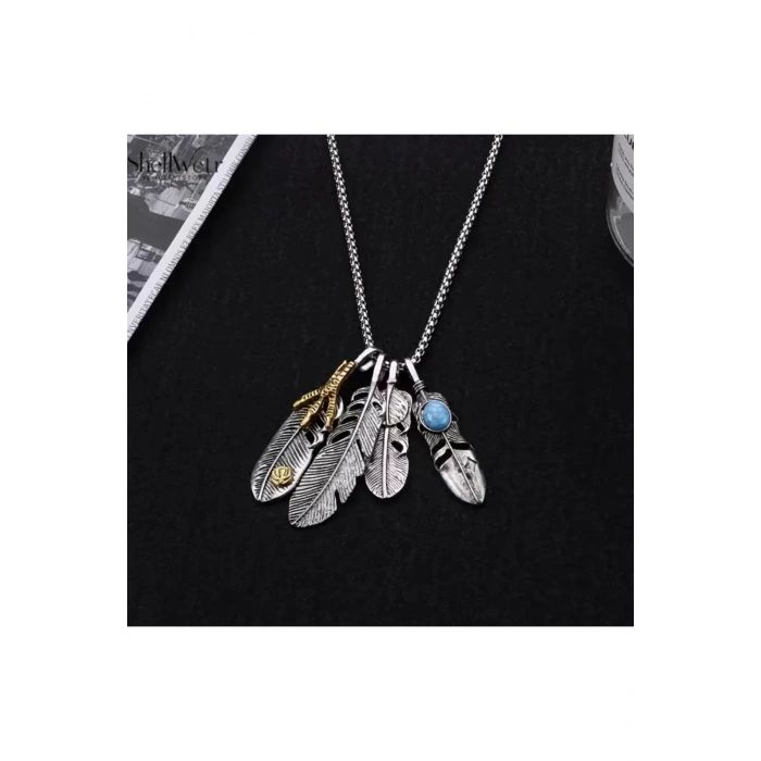 Unisex Kolye Totem Wings Unisex Kolye 925 Ayar Gümüş Zincir 4lü Tüy Detaylı