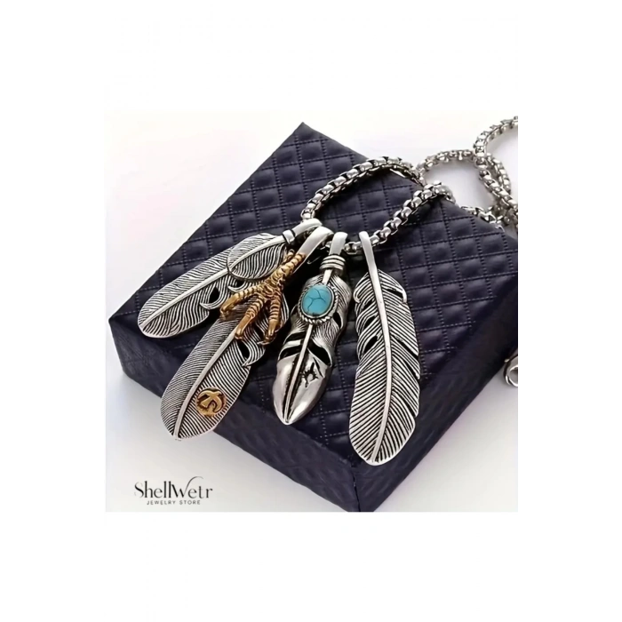 Unisex Kolye Totem Wings Unisex Kolye 925 Ayar Gümüş Zincir 4lü Tüy Detaylı
