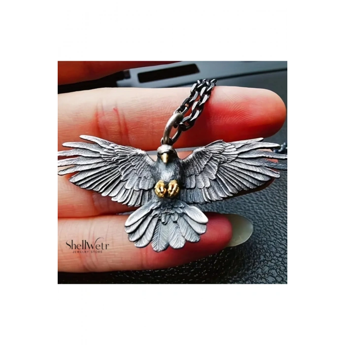 Erkek Kolye Eagle Spirit Erkek Kolye 925 Ayar Kalın Eskitme Zincir Kartal