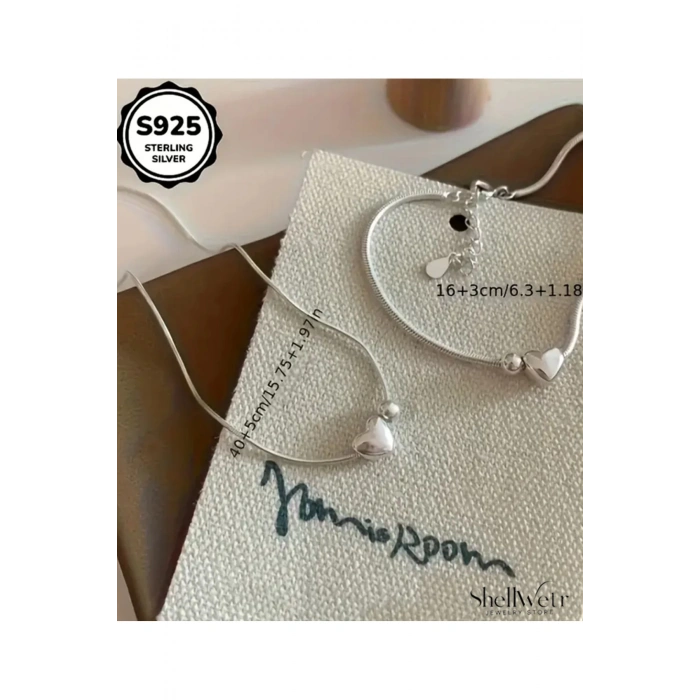 Kadın Takı Seti Palermo 925 Ayar Gümüş Kalp Kolye Gümüş Kaplama Bileklik Set