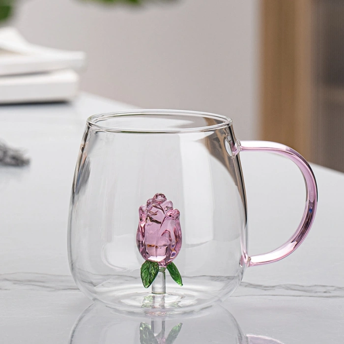 Cam Kupa Bardak Gül desenli 3 boyutlu bardak borsilikat cam kupa ısıya dayanıklı