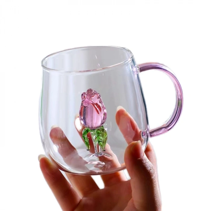 Cam Kupa Bardak Gül desenli 3 boyutlu bardak borsilikat cam kupa ısıya dayanıklı