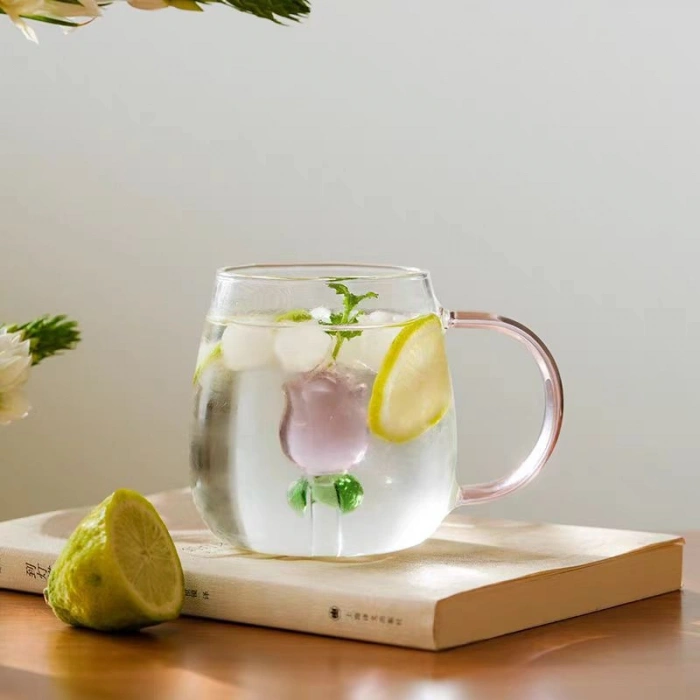 Cam Kupa Bardak Gül desenli 3 boyutlu bardak borsilikat cam kupa ısıya dayanıklı