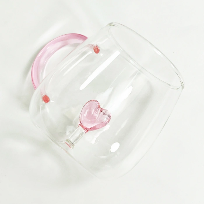 Cam Kupa Bardak Kalben Kalp desenli 3 boyutlu bardak borsilikat cam kupa ısıya dayanıklı