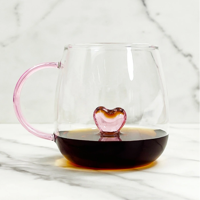 Cam Kupa Bardak Kalben Kalp desenli 3 boyutlu bardak borsilikat cam kupa ısıya dayanıklı