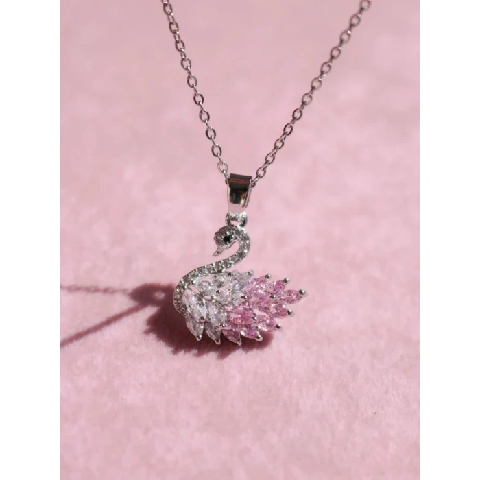 Kadın Kolye Swan Pembe Renk Geçişli 925 Ayar Gümüş Zincir Kadın Kolye