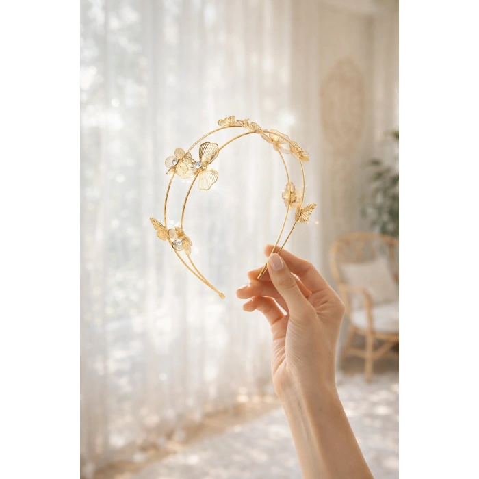 Su Kadın Saç Tacı | Kelebek & Çiçek Detaylı Işıltılı Taç | Kararma Yapmaz Şık Aksesuar