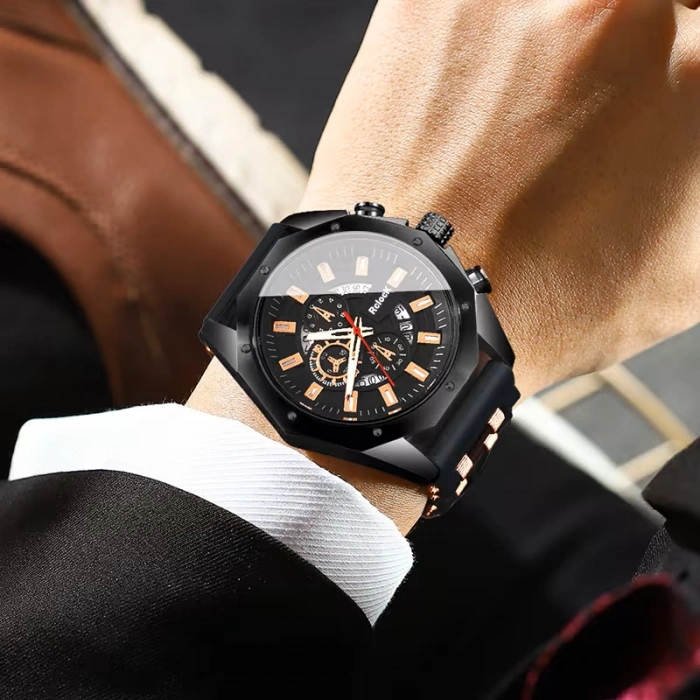 Iron Black Erkek Kol Saati Erkek Saat Siyah Rose Gold Detaylı Şık Hediyelik Kol Saati