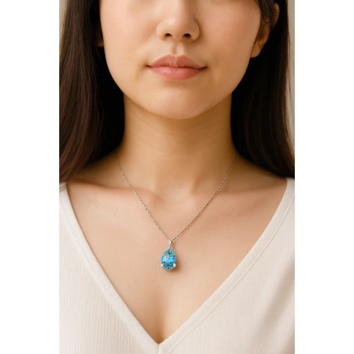 Kadın Kolye Mavi Ay Işığı Kadın Kolye Mozanit Taş 925 Ayar Gümüş Şık