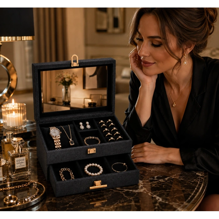 Prestige Aynalı Takı Organizeri – 2 Katlı Çekmeceli Premium Takı Kutusu