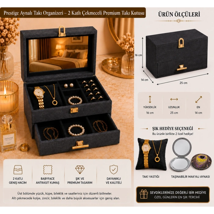 Prestige Aynalı Takı Organizeri – 2 Katlı Çekmeceli Premium Takı Kutusu