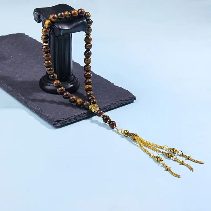 Erkek Bileklik Kaplan Gözü Taşı Yuvarlak El Yapımı Tespih Bileklik Scimitar Tasarım