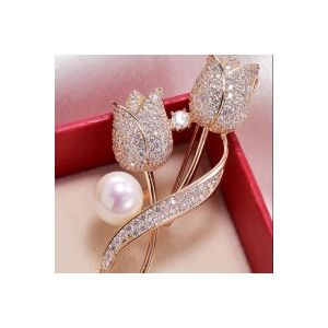 Luxeed Altın Rengi Işıltılı Lale tasarımlı Broş-Sevdiklerinize ve kendinize en özel hediye