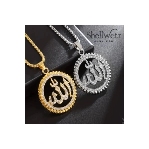 Parlak Taşlı Allah Yazılı Altın Rengi Kolye-Hem zarif hem anlamlı kolye