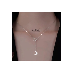 Selene 925 Ayar Gümüş Zincir Kolye Yıldız Ay Sallantılı Kadın kolye