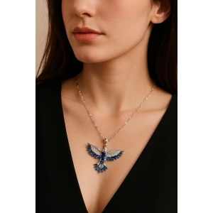 Mavi Taşlı Kartal Figürlü Gümüş 925 ayar zincir kadın kolye