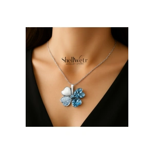 Kadın Kolye BlueClover Kadın Kolye 925 Ayar Gümüş Zincir Mavi Taşlı Yonca Şans