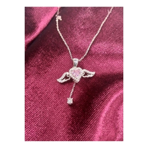 Angelight 925 ayar gümüş melek kanatlı pembe taş kalpli kadın kolye ort.