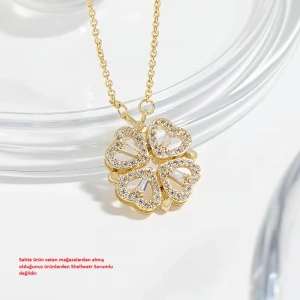 Kadın Kolye Sheeny Kadın Kolye Altın Kaplama Kalpli Yonca Mıknatıslı Şans Kolyesi