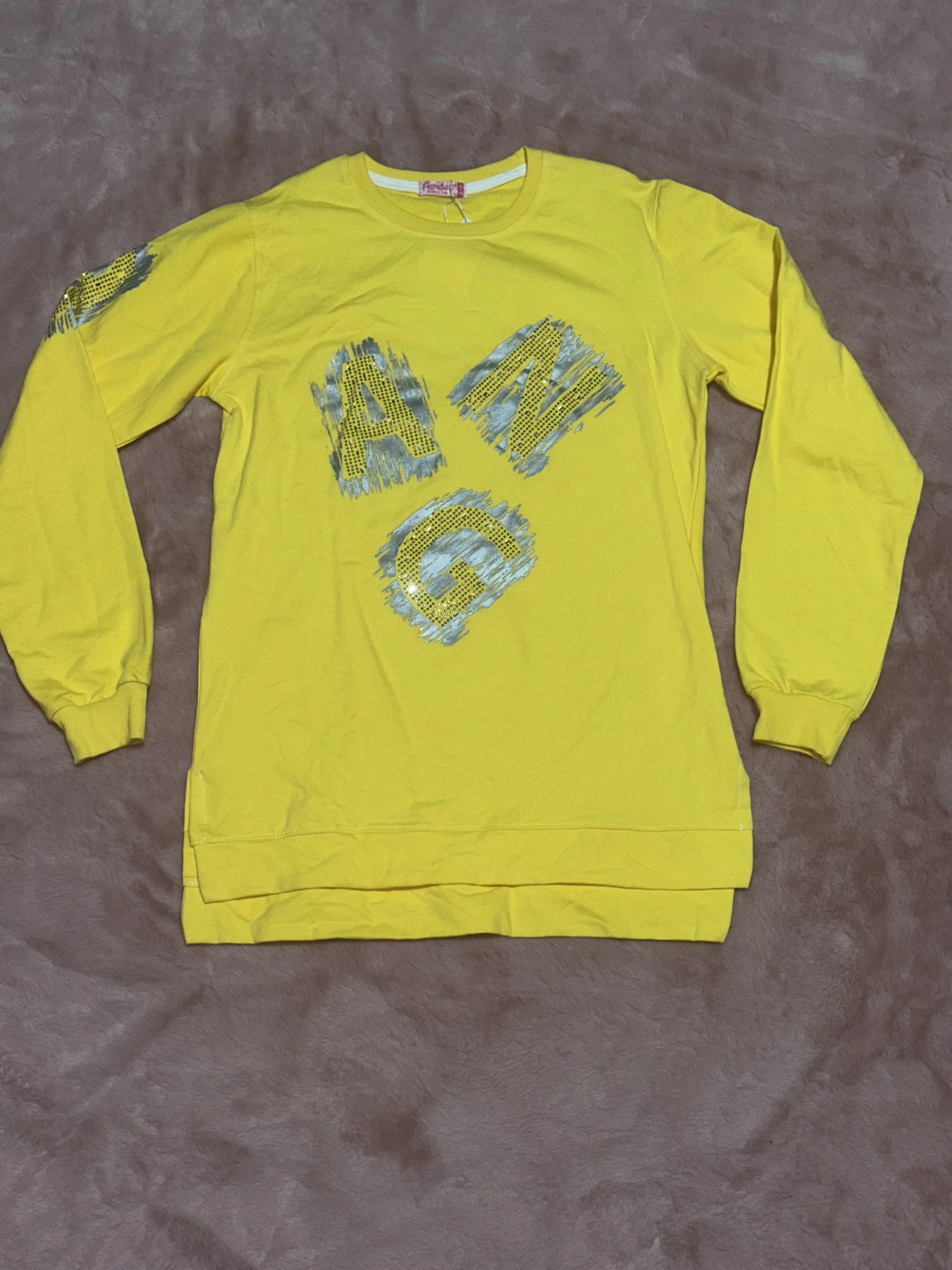 16 yaş ang baskılı tunik boy bisiklet yaka sweatshirt kız çocuk sarı