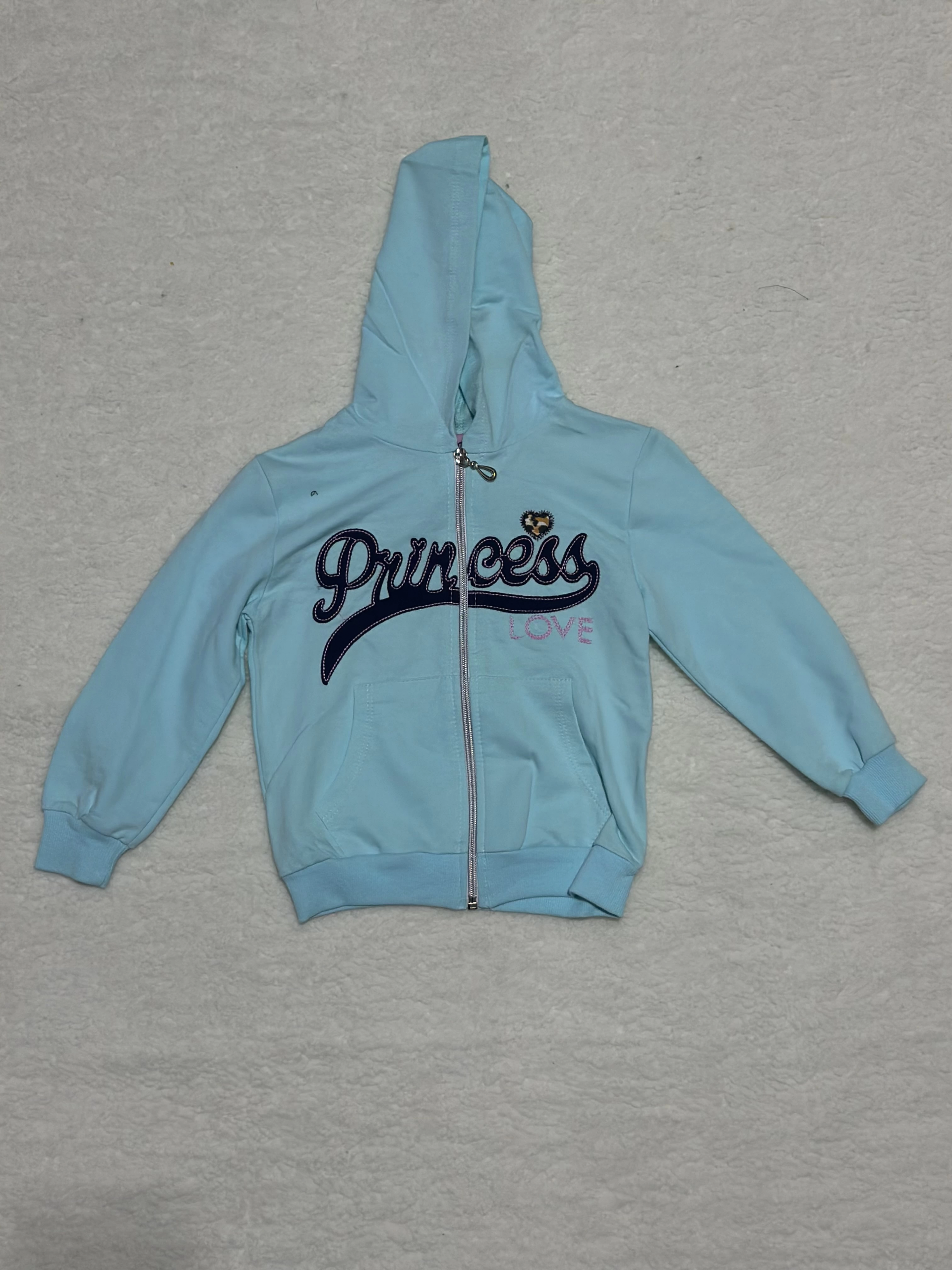 3-4 yaş kız çocuk lacivert yazılı önü fermuarlı kapşonlu cepli hırka mavi