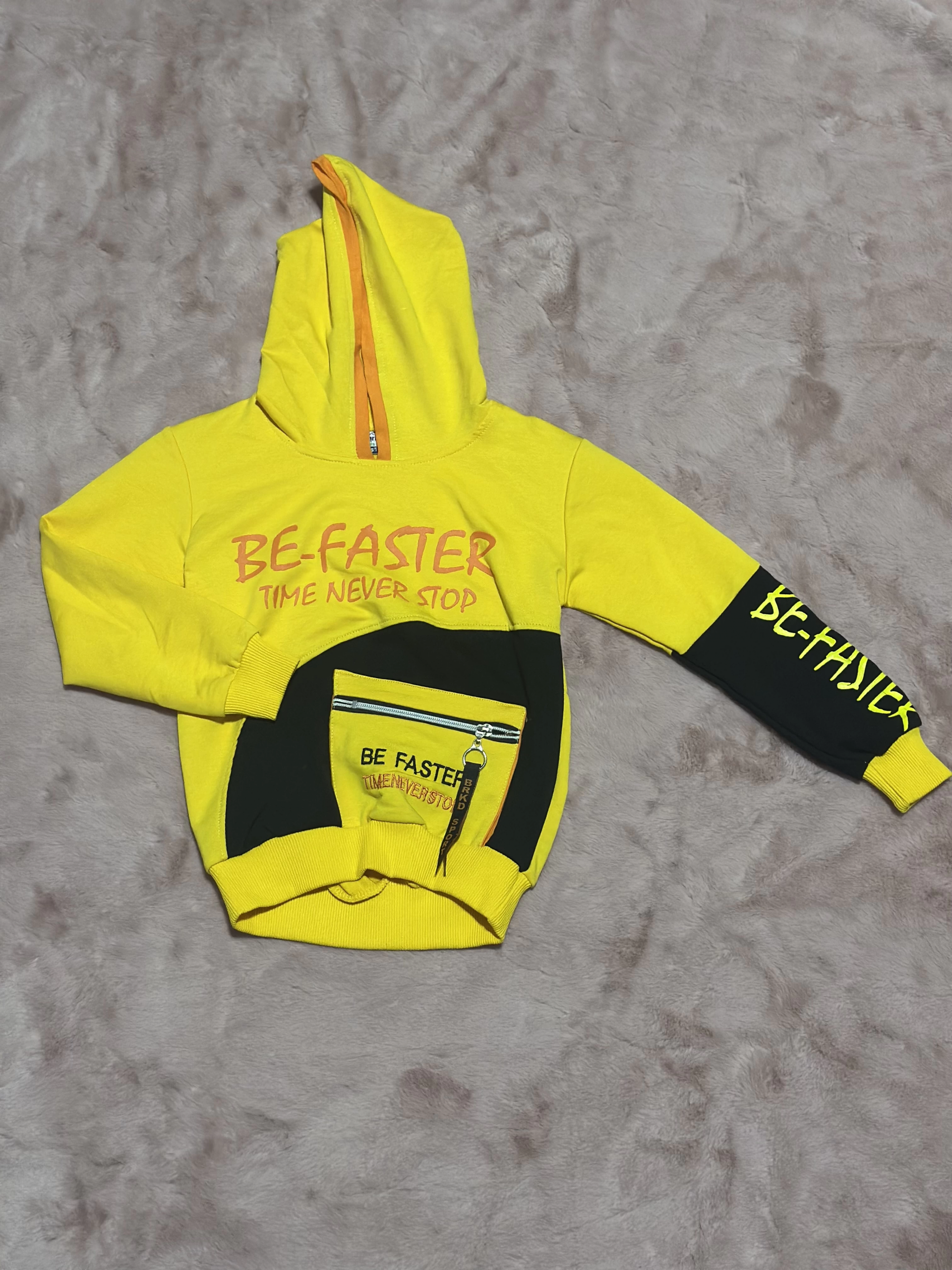 3-9 yaş naskılı ön fermuar detaylı kol ek kapşonlu sweatshirt sarı