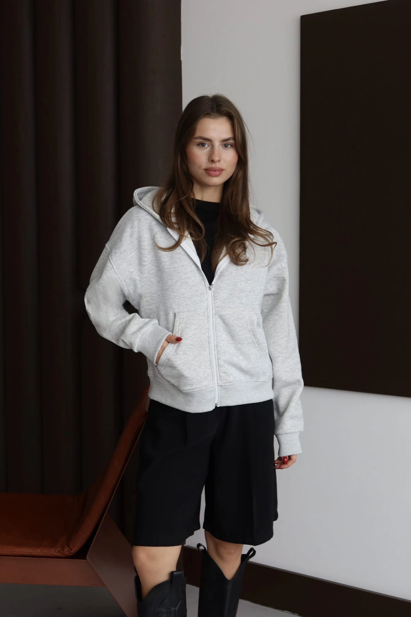 3 iplik şardonlu kapşonlu hoodie frm gri p510437 - 2