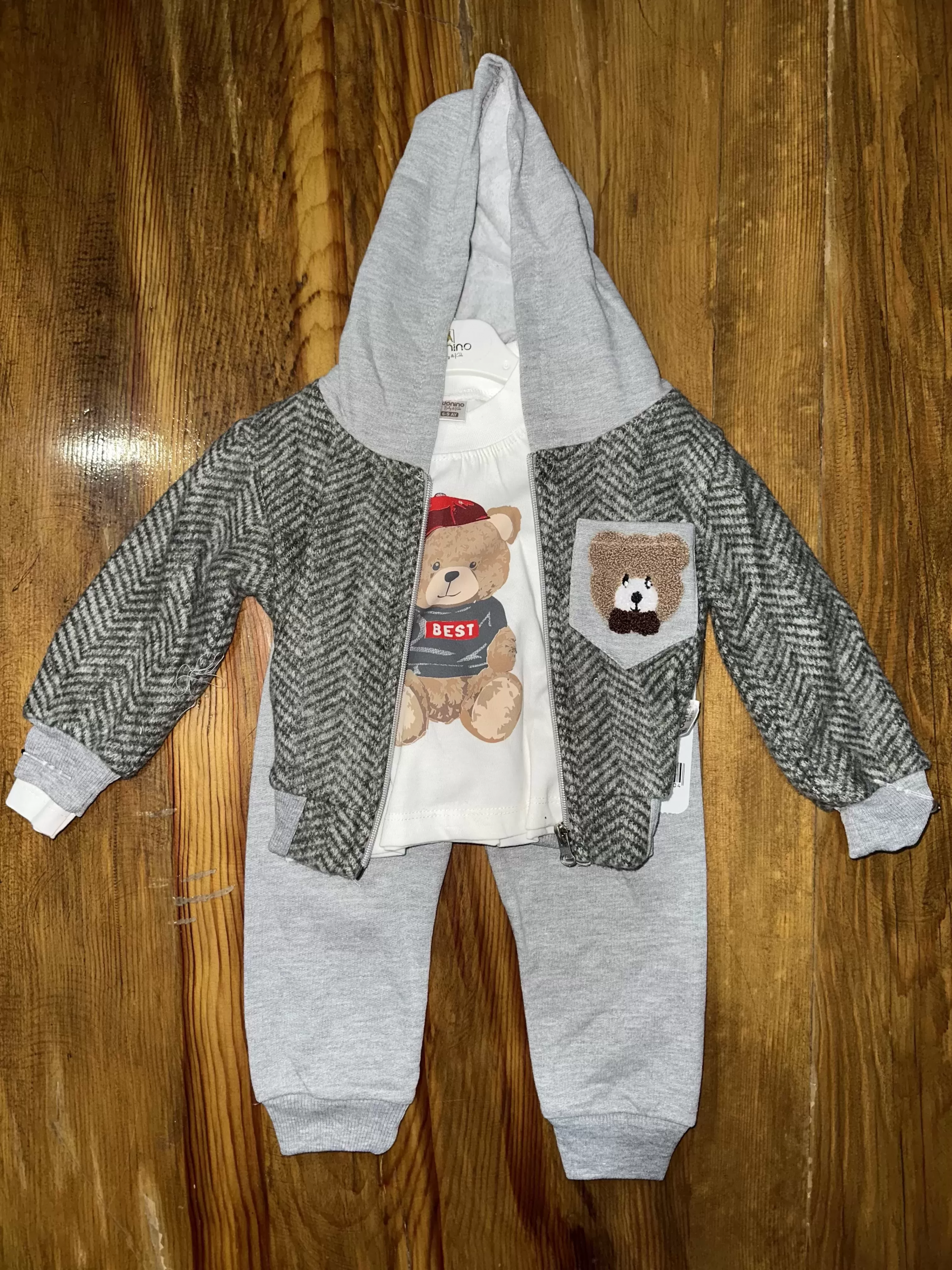 6-24 aylık ceketli kapşonlu üçlü takım gribeyaz