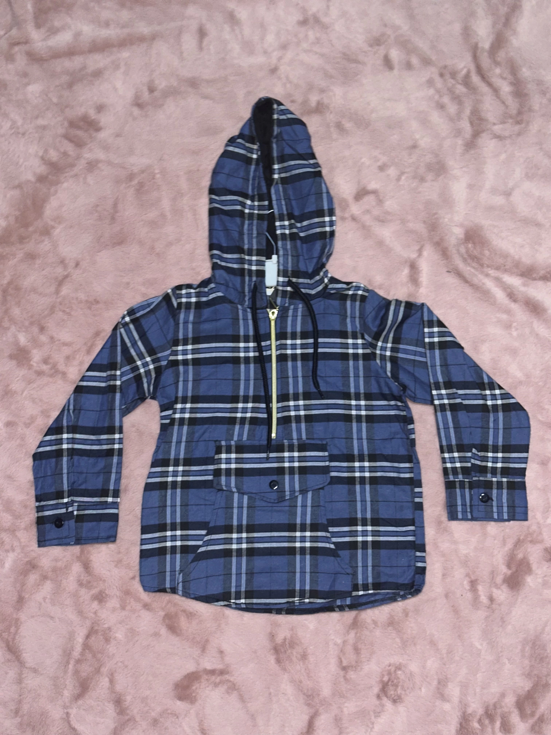 5-10 yaş ekoseli yarım fermuarlı kanguru cep kapşonlu ceket mavi