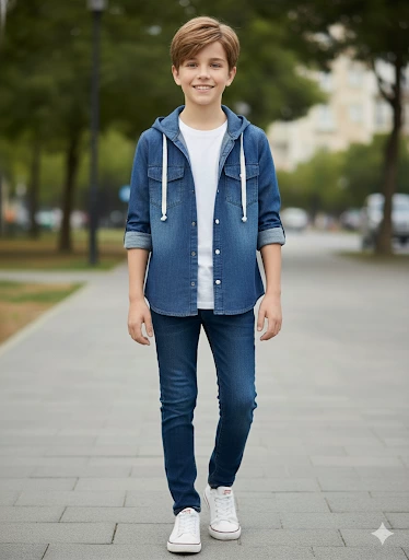 5-9 yaş arası erkek çocuk Kapşonlu kot ceket mavi