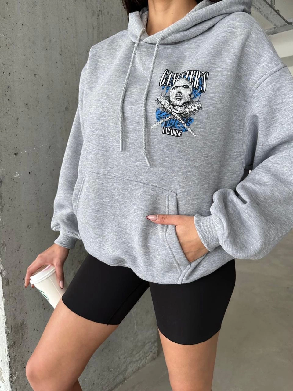 3 iplik şardonlu oversize compact kafa baskılı sweat gri