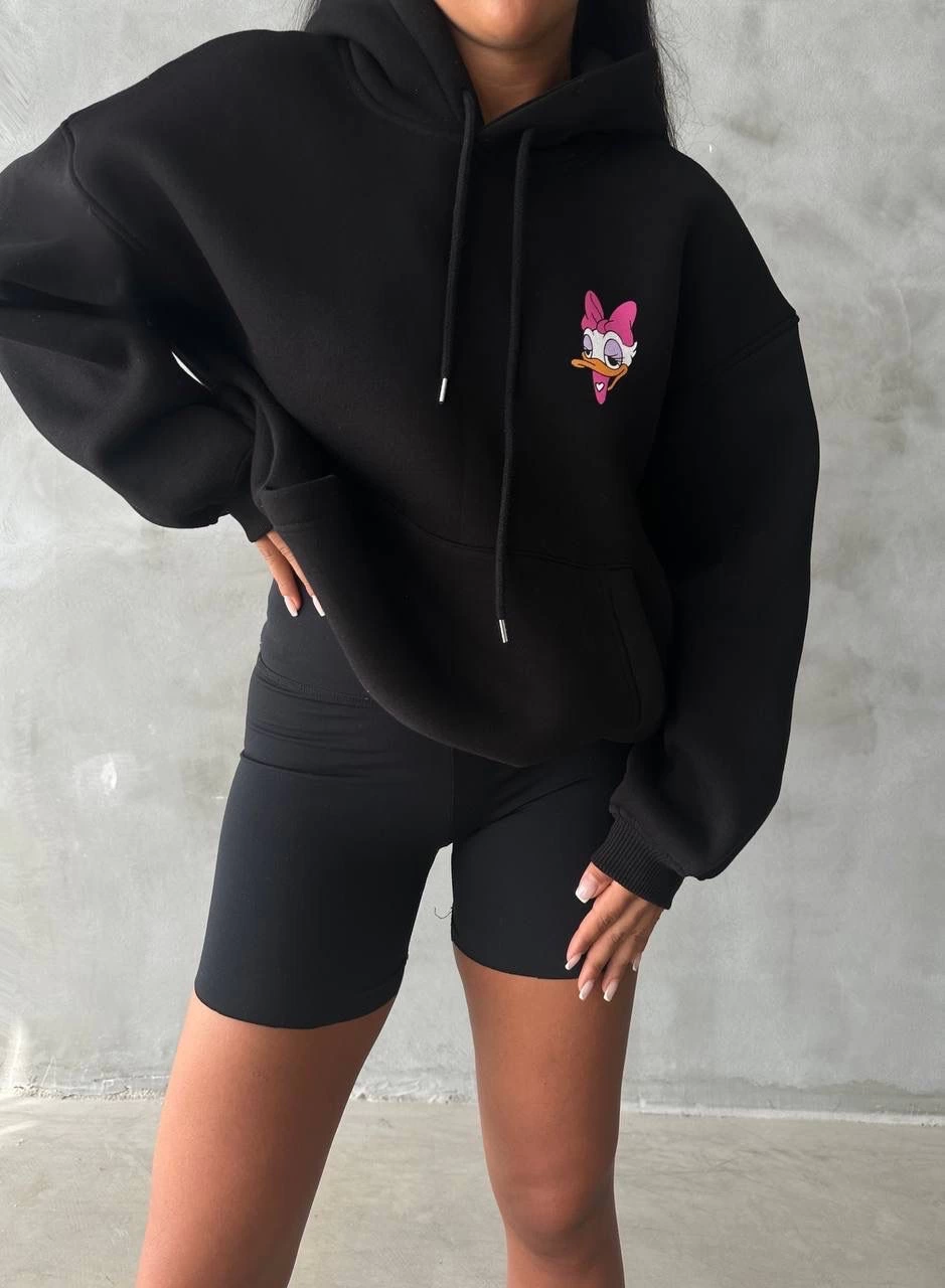 3 iplik şardonlu oversize compact ördek baskılı sweat siyah