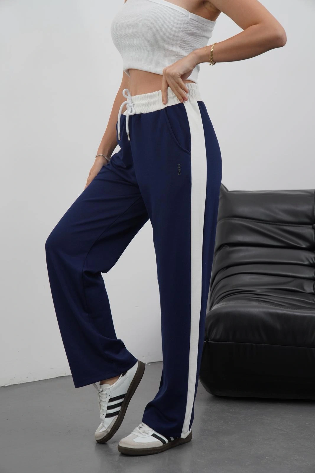 Şeritli garnili pantolon lacivert - 2