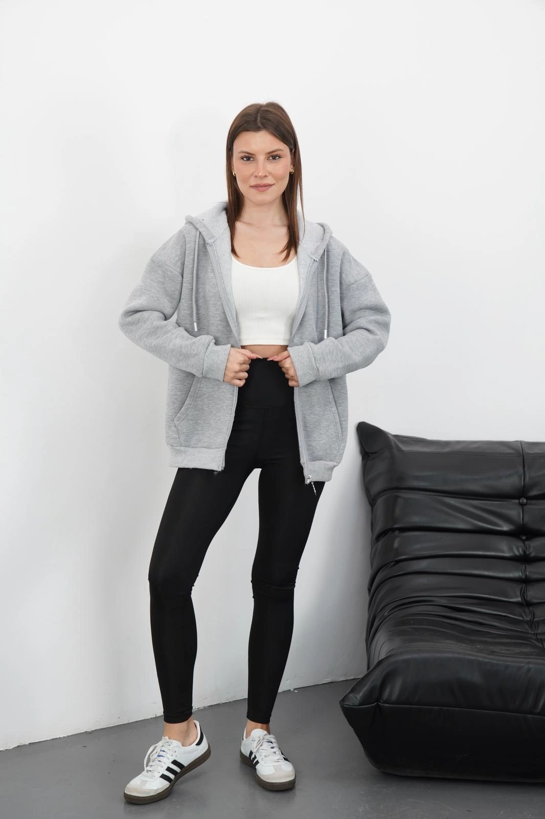 3 iplik şardonlu fermuarlı kapşonlu hırka gri - 2