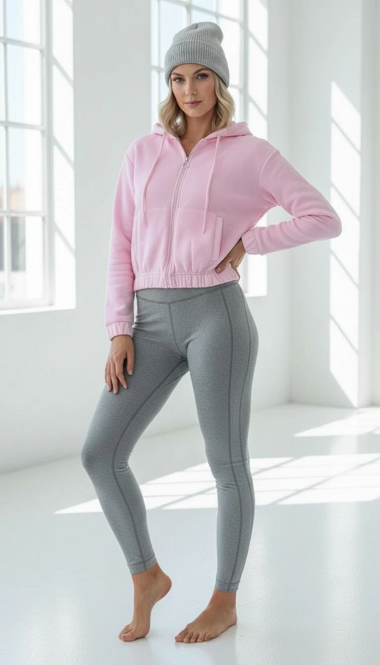 3 iplik şardonlu Kapşonlu fermuarlı kısa üst pembe pat8590 - 2