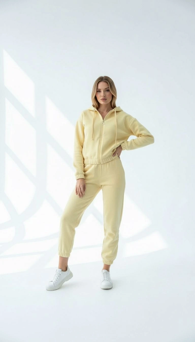 3 iplik şardonlu Kapşonlu fermuarlı kısa üst sarı pat8590 - 2