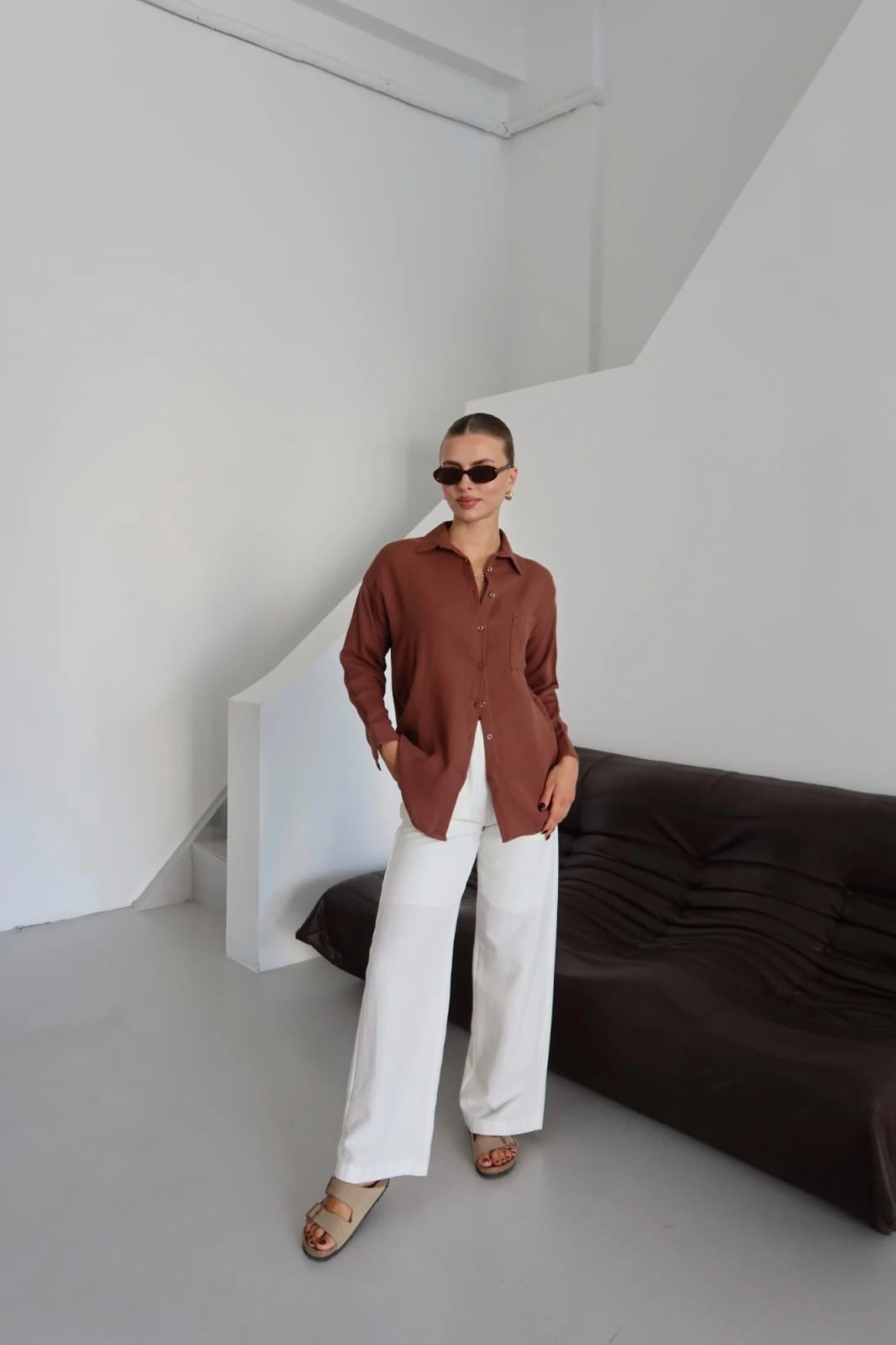 Tek cepli müslin gömlek kahve pt - 2