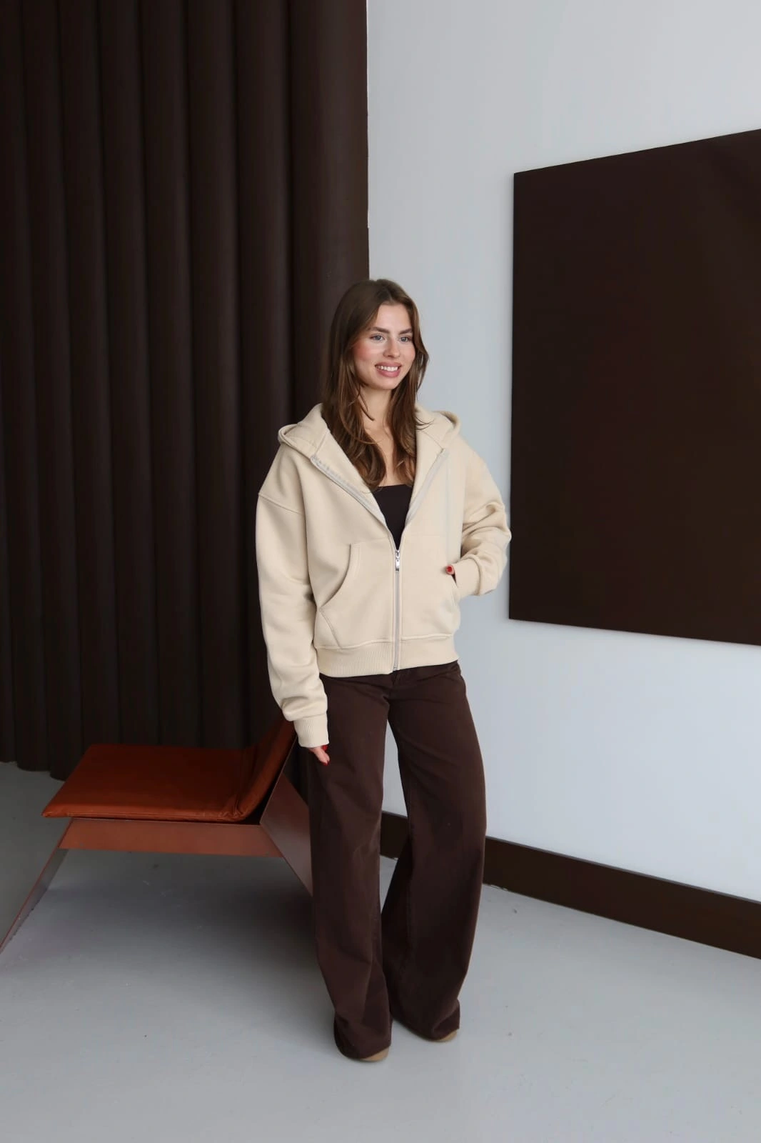 3 iplik şardonlu kapşonlu hoodie frm bej p510437 - 2