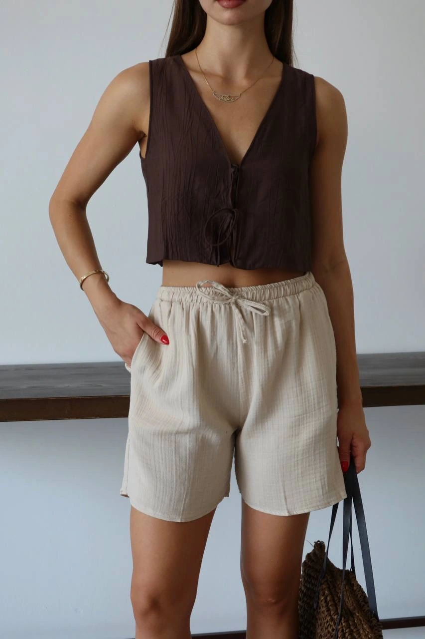 Müslin kumaş şort bağcıklı bej pt - XL