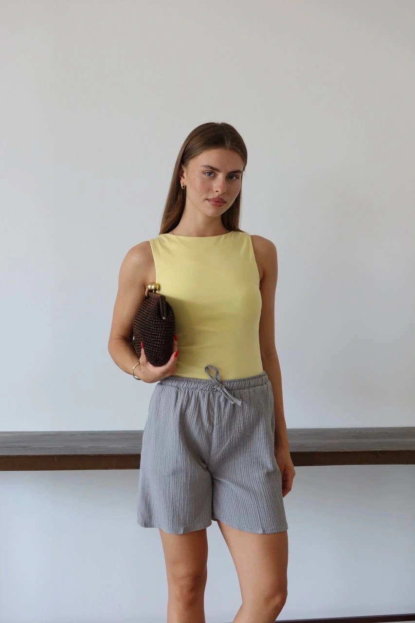 Müslin kumaş şort bağcıklı gri pt - XL