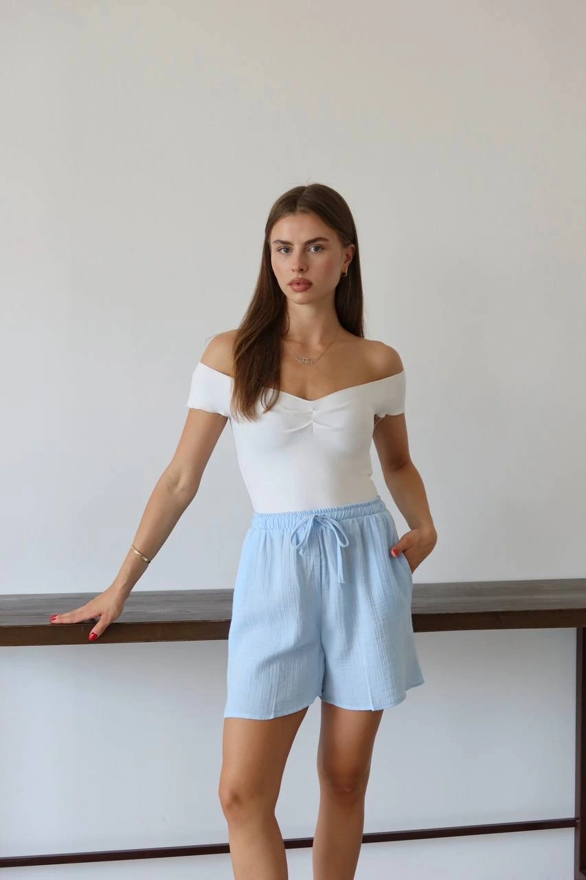 Müslin kumaş şort bağcıklı mavi pt - XL