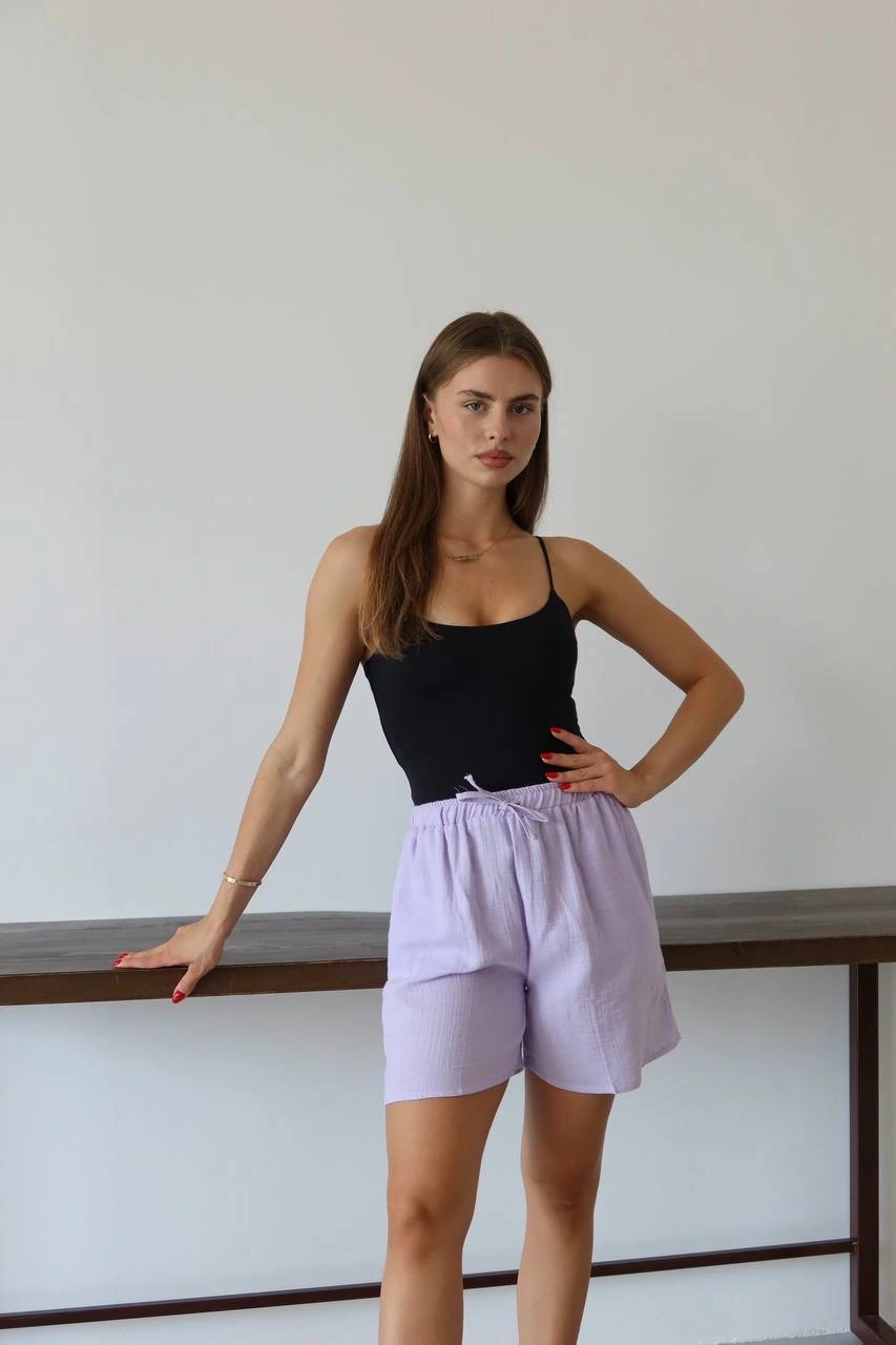 Müslin kumaş şort bağcıklı lila pt - L