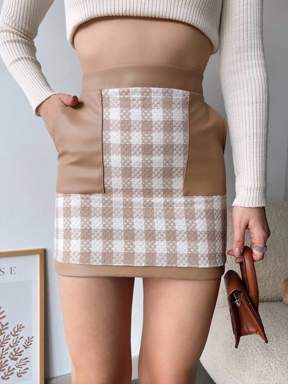 Deri cep garnili kaşe etek bej h24604 - L