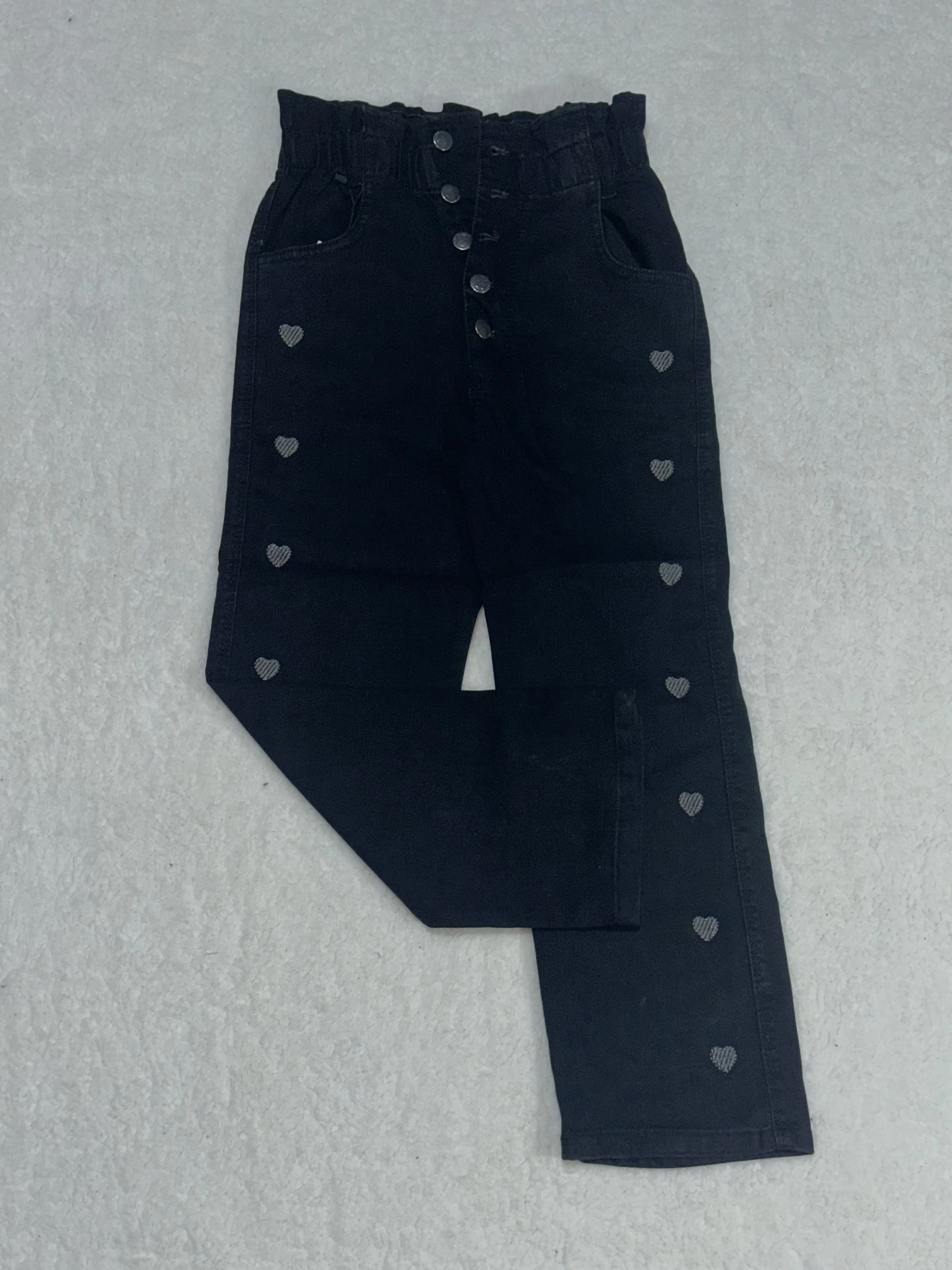 9 yaş kız çocuk beş düğmeli kalp işlemeli jeans pantolon siyah