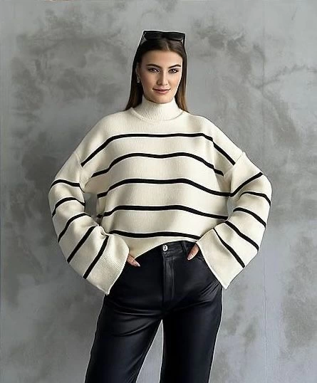 Çizgili ispanyol kol triko boğazlı kazak beyaz elf