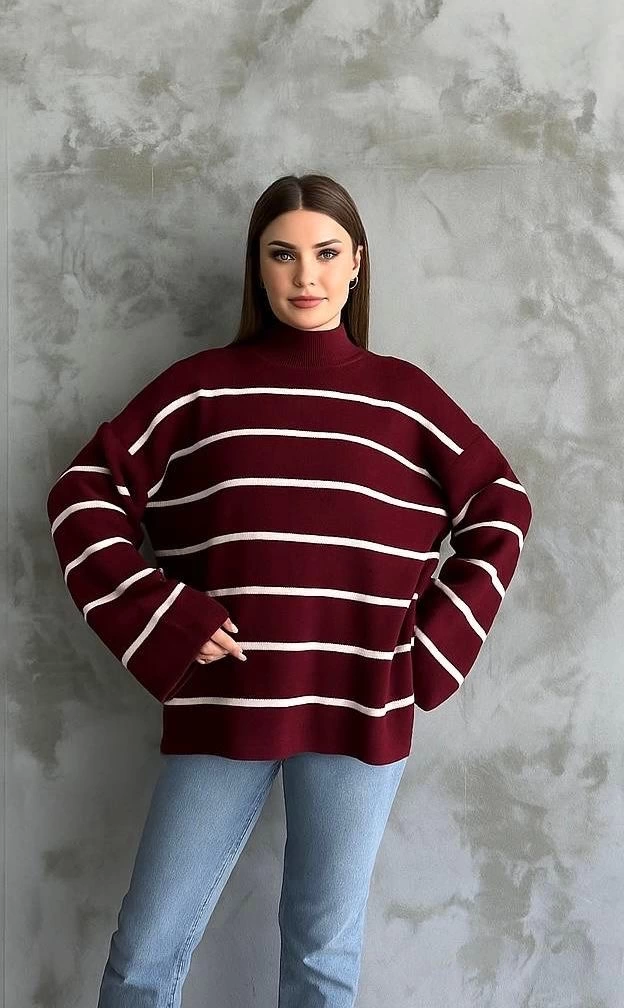 Çizgili ispanyol kol triko boğazlı kazak bordo elf